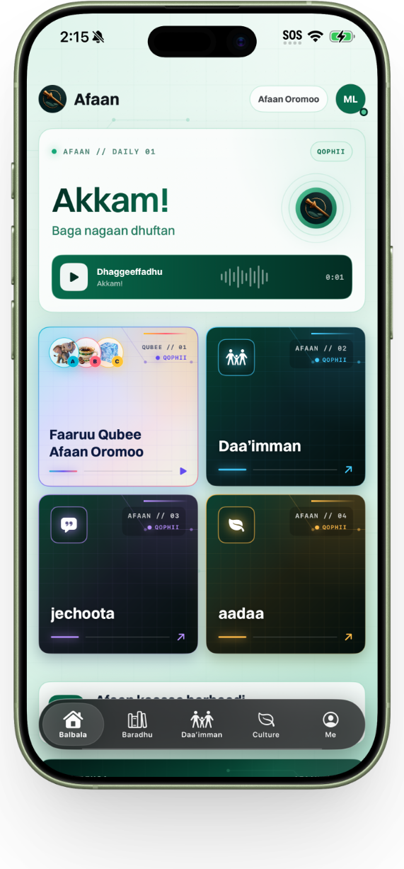 The Afaan Ecosystem home screen showing adult, child, study, and culture learning paths