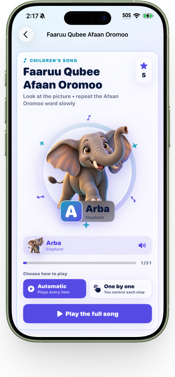 A child-focused Afaan Oromoo listening lesson in the iOS app